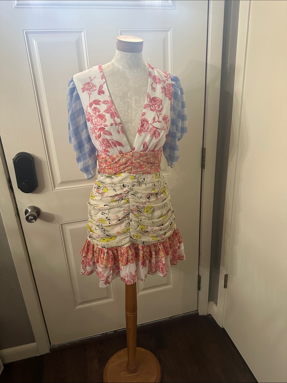 Floral Patchwork Mini Dress in White, Pink and Blue